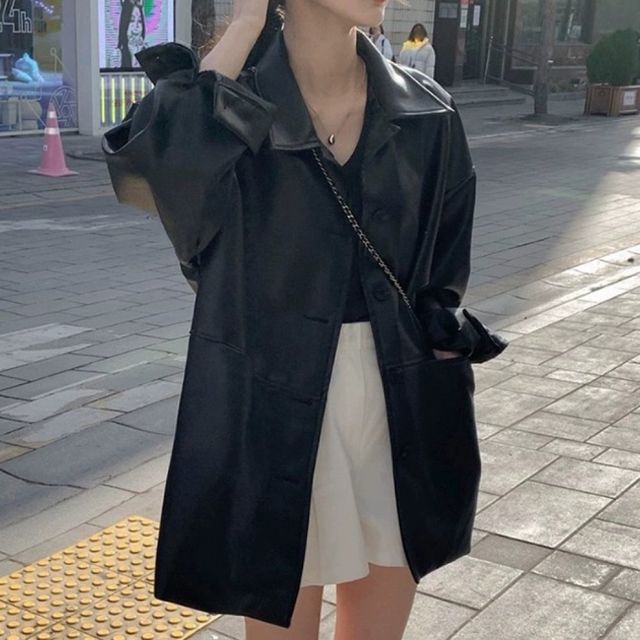 여성 루즈핏 반팔 가죽 자켓 인조 숏 점퍼 간절기 아우터 데일리 라이더 재킷