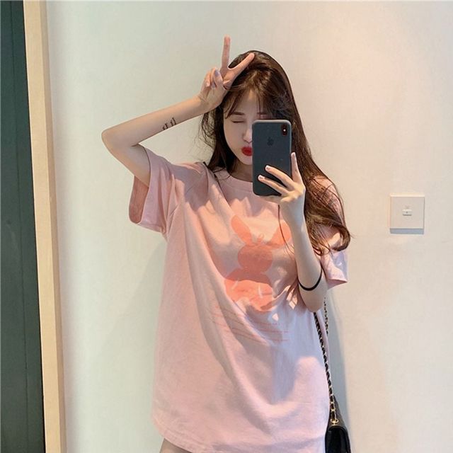 여성 반팔 티셔츠 박스형, 토끼 인형 그래픽 여름 티