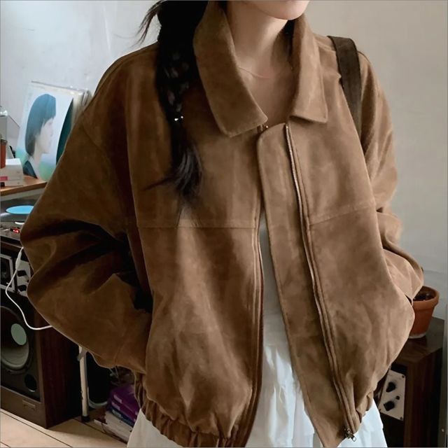 프렌치 스웨이드 카라 숏 자켓 여성 겨울 아우터 루즈핏