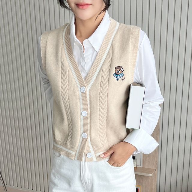 곰포인트 니트 조끼 큐티 데님 캐주얼 쪼끼