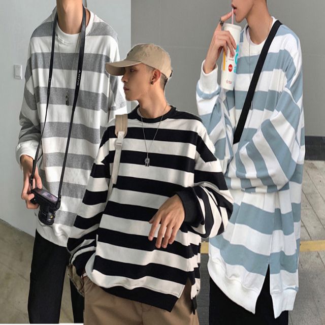 남자 오버핏 단가라 스트라이프 줄무늬 라운드 티셔츠