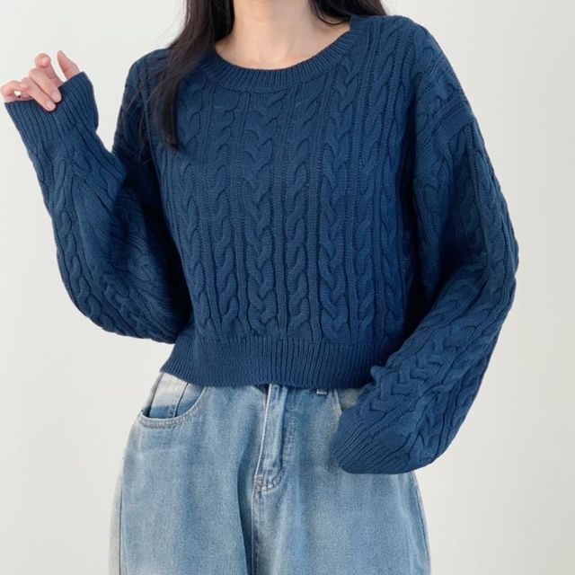 꽈배기패턴 여성 니트티 라운드넥 긴팔 티셔츠 여자 크롭티
