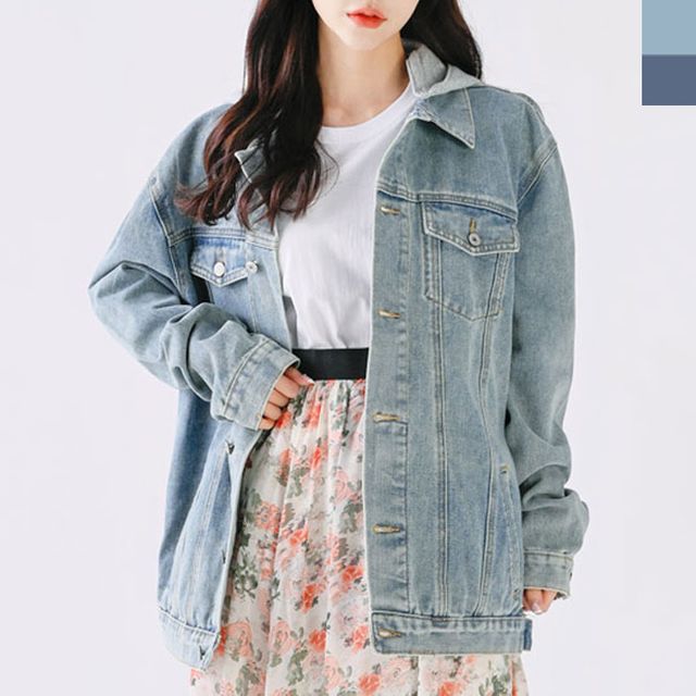 여성 후드 청자켓 봄가을 데님 워싱 재킷 루즈핏