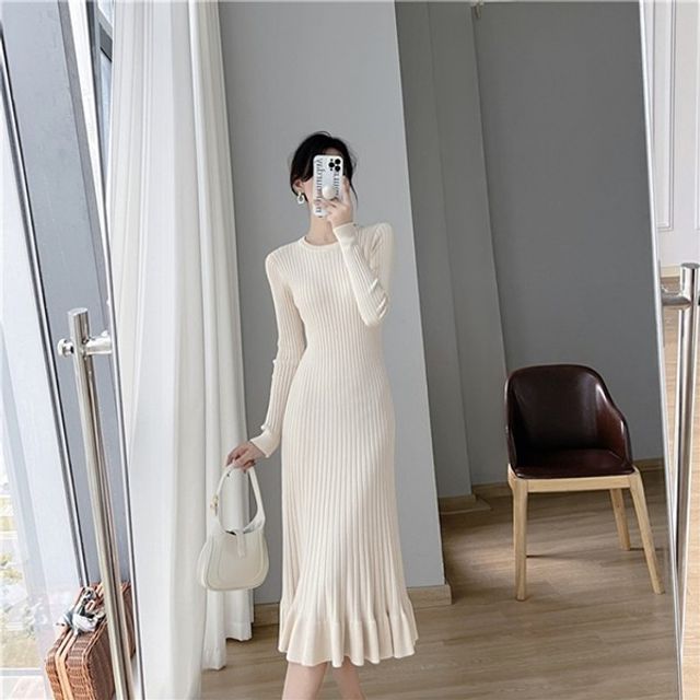 레이디스 미니멀 캐주얼 풀오버 니트립프릴레이스 롱드레스