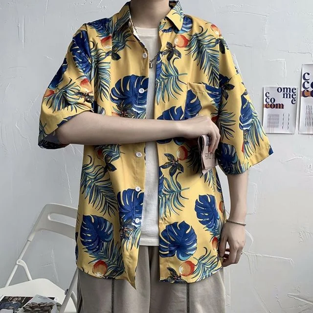 남성 반팔 남방 플라워 하와이안 셔츠, 휴양지룩