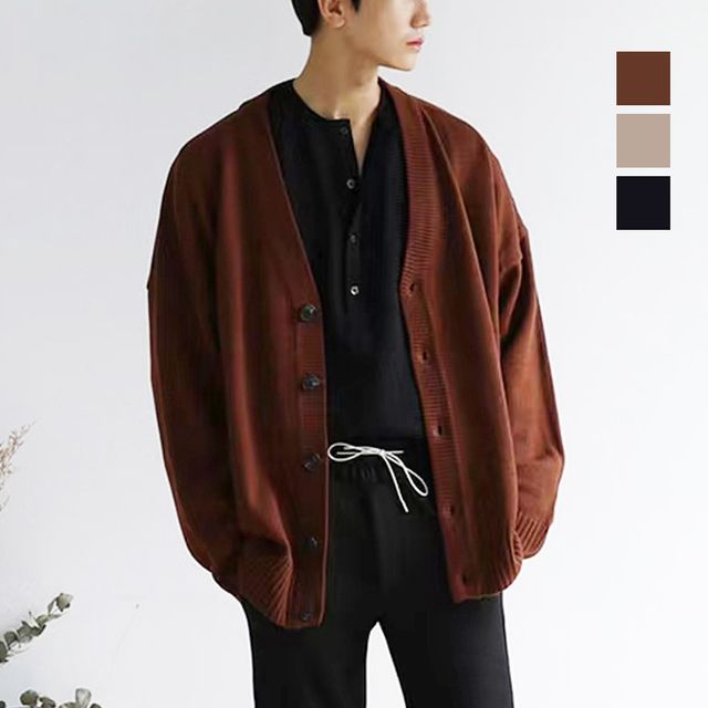 남성 외출 간절기 기본 V넥 오버핏 가디건 - 레이어드 필수 아이템
