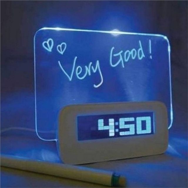 led 메시지 보드 시계 알람 메시지 보드 디지털 인테리어 탁상용 침실 아크릴 건전지 개인 책상 무선