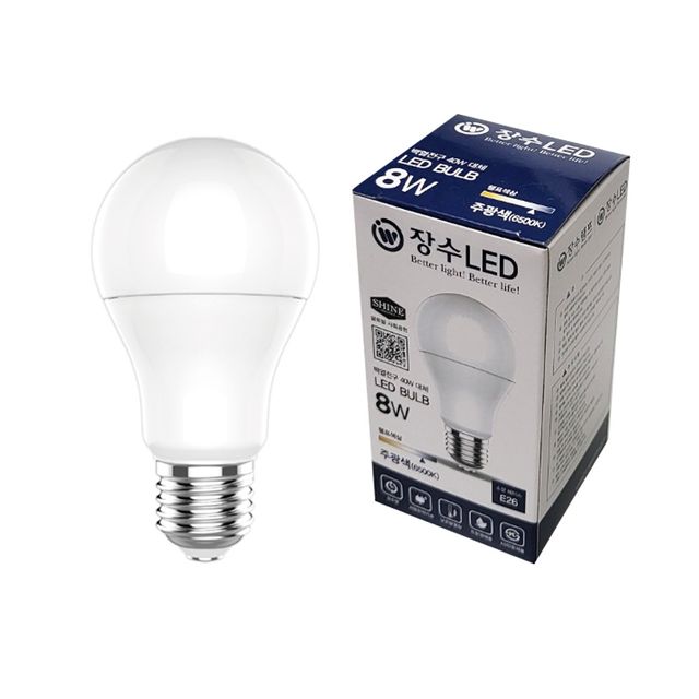 B장수램프 A19 LED 벌브 전구 8W E26 주광색 다마