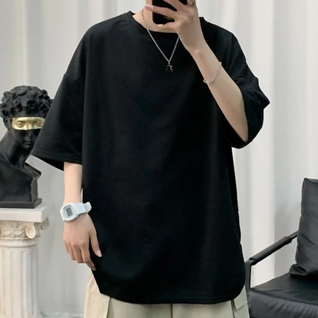남성 오버핏 무지티셔츠, 옆트임 캐주얼 반팔 티셔츠
