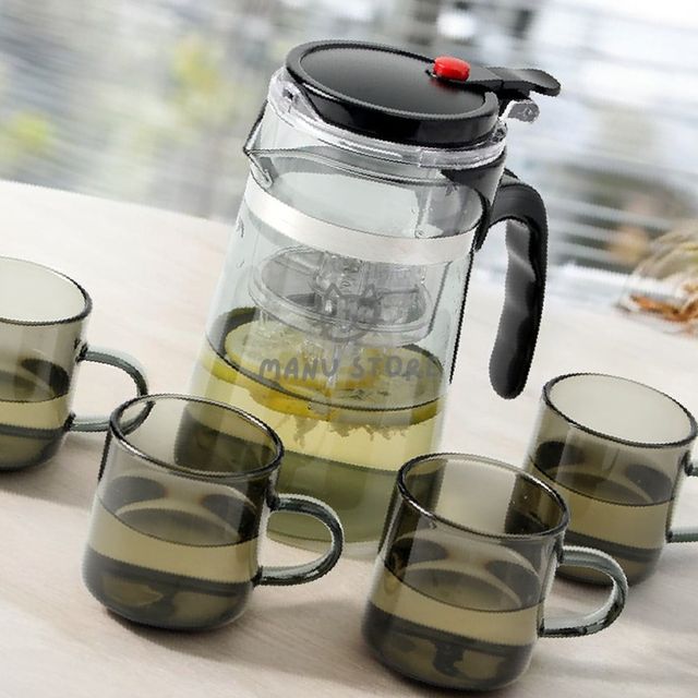 유리차주전자 찻주전자 드롭 차포트 찻잔세트 500ml 4인 투명블랙