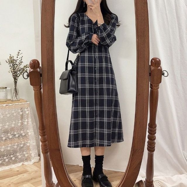 여성롱원피스 학생 체크버튼 봄원피스 간절기 데일리