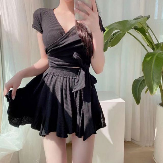 여자 랩 투피스 스커트 수영복 반팔 상하세트