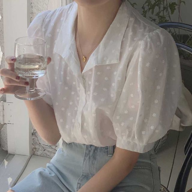 꽃자수 셔링 퍼프소매 시스루 블라우스 브이넥 여친룩