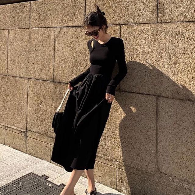 올블랙 페이크 2중 펀칭 A라인 여성 롱 시크 원피스