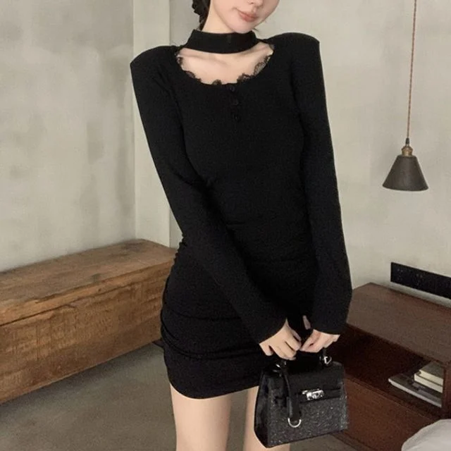 캐주얼룩 힙라인 셔링 라운드 레이스 단추 원피스