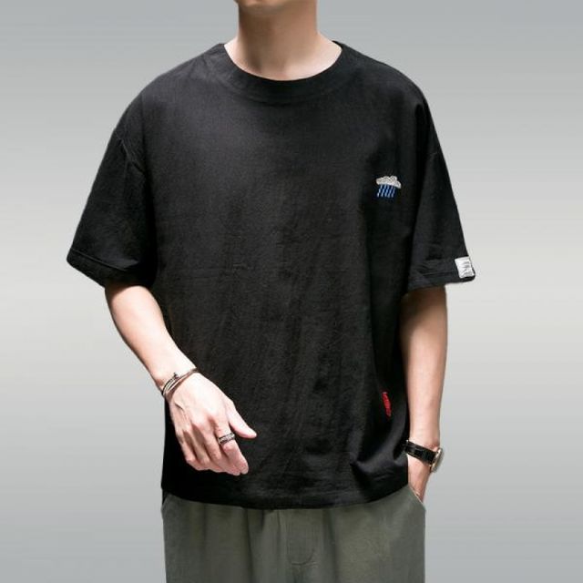 검정티셔츠 오버핏 린넨 반팔 여름 반팔티셔츠 니트 남성 루즈핏 아이스