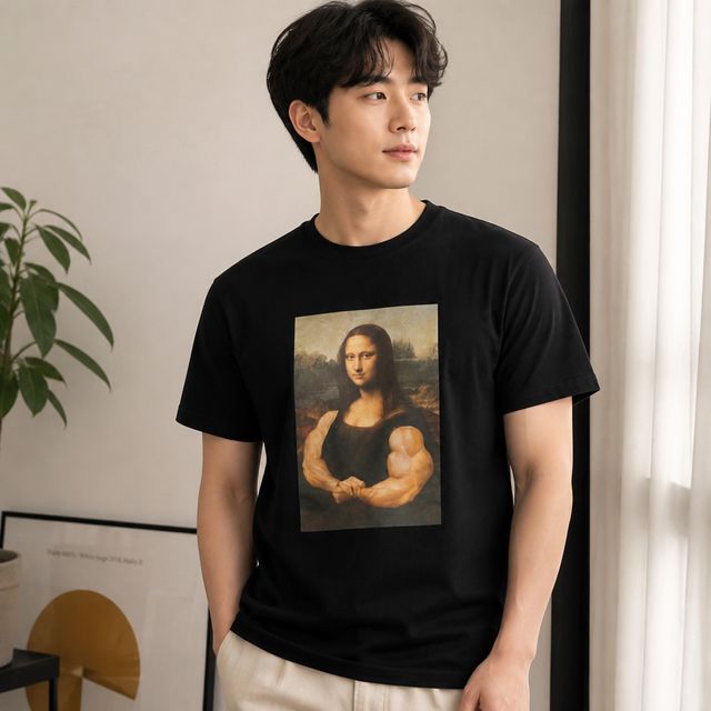 모나리자 그래픽 반팔티 헬스장 커스텀 티셔츠 친구 생일 유머 굿즈 웃긴