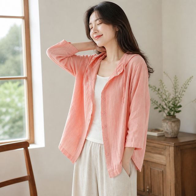 핑크 면린넨 혼방 후드 집업 점퍼 여성 비치웨어 바람막이 자켓 봄 여름 가디건
