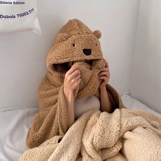 곰돌이 후드 담요 겨울 실내 망토 담요 귀여운 담요