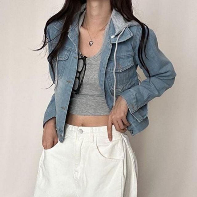 데일리룩 여자탈부착 후드티 투인원 캐주얼룩 블루진 상의자켓 간절기용아우터 후드데님자켓 베이직데님자
