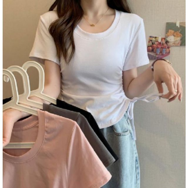 여성 셔링 U넥 세미크롭티 실켓 발레코어룩 리본 반팔티 여름
