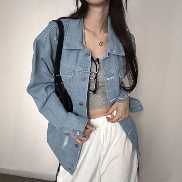 2여성 캐주얼 데미지 데님 포인트 자켓 INDN41 루즈핏청재킷 데님 빈티지청자
