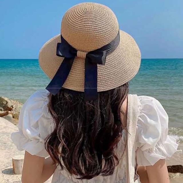 여성 밀짚 비치 모자 넓은 챙 자외선 차단 여행 코디