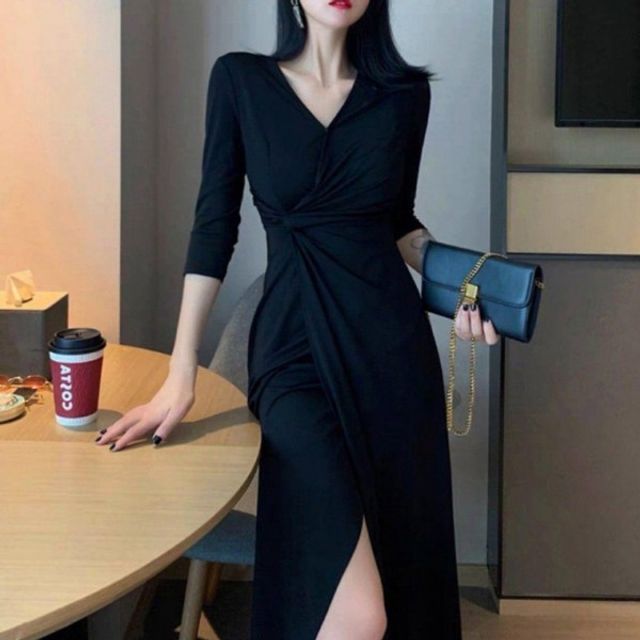 외출 데이트 디자인 브이넥 니트원피스 롱 미디원피스