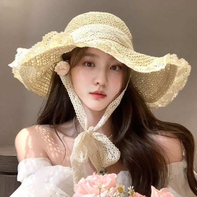 여성 쉐이드 턱끈 밀짚 모자 1P 휴양지 여름 비치