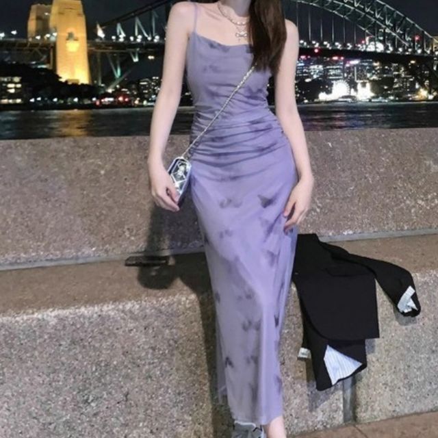 나비 끈 롱원피스 미니원피스 슬림 파티룩 쉬폰 원피스