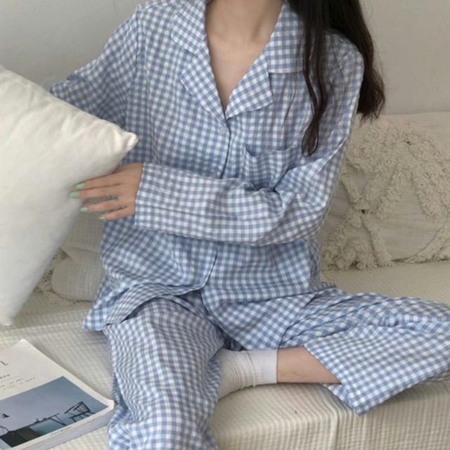 여성 캐주얼 사계절 파자마 홈웨어 체크 카라 잠옷 세트