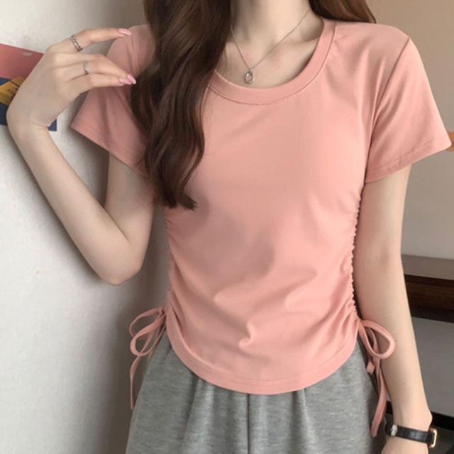 캐주얼 여성 옆셔링 예쁜 라운드넥 반팔 패션 티셔츠