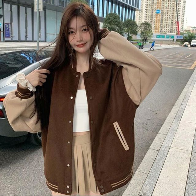 여자 박시핏 배색 스타디움점퍼 기모 야구잠바 오버핏