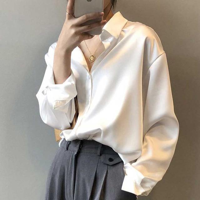 새틴 카라넥 여성 셔츠 긴팔블라우스 루즈핏 오피스룩