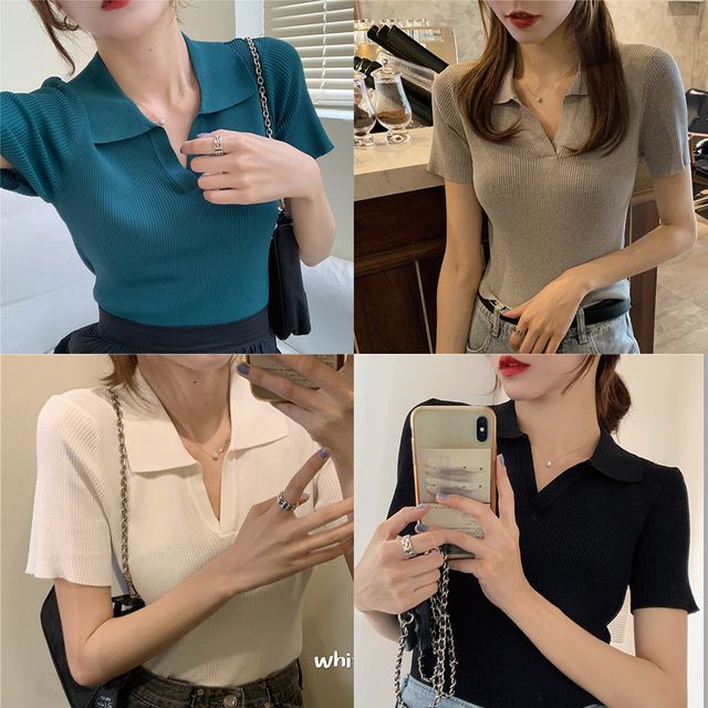 여성 반팔 카라 V넥 배꼽 크롭티셔츠, 여름 썸머룩