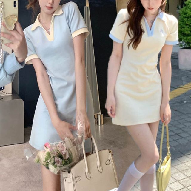 배색카라 여름 미니원피스 반팔 꾸안꾸 데일리 2컬러
