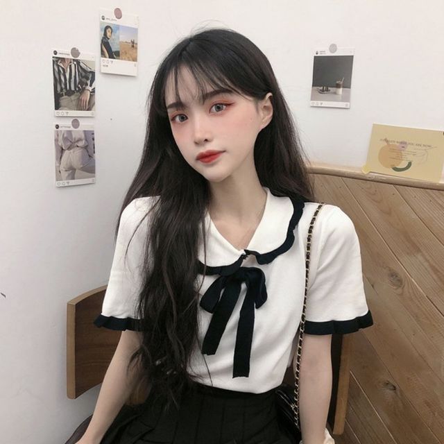 여자 여름 카라반팔티 레이스 리본 블라우스 스타일