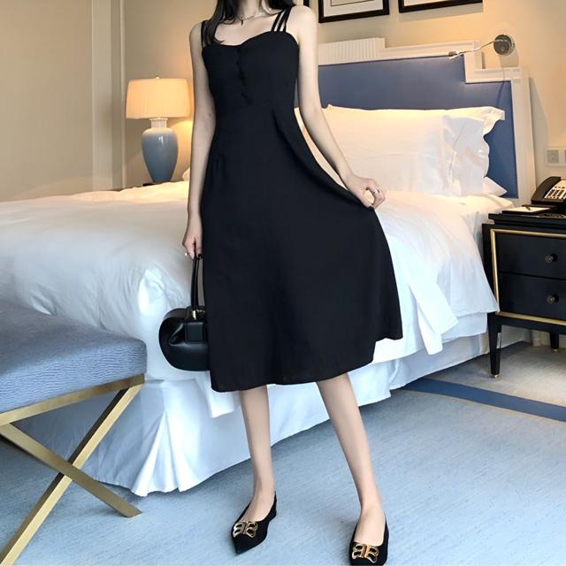 여성 트리플 라인 민소매 나시 블랙 롱 원피스