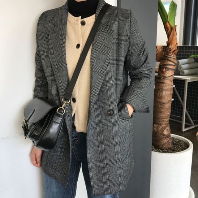 클래식 루즈핏 체크 자켓 모던 마이 블랙