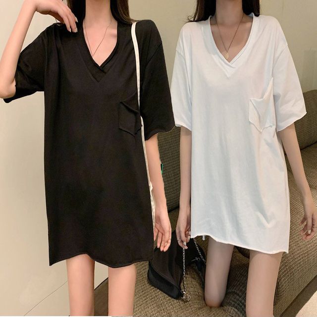 여자 포켓 루즈핏 v넥 빈티지 스타일 반팔 티셔츠