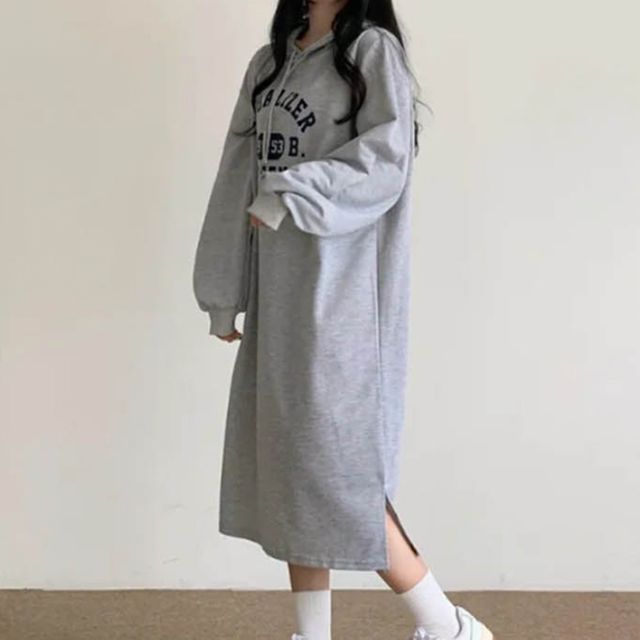 여성 영문레터링 와이드핏 후드 롱원피스 1P 긴팔