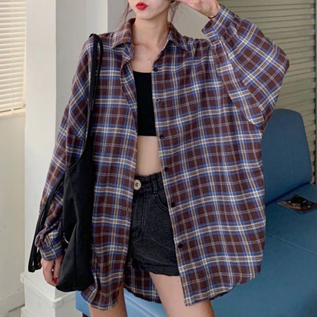 체크 셔츠 여성 캐주얼 아우터 트렌디한 데일리 체크반바지 흰색와이셔츠 커플
