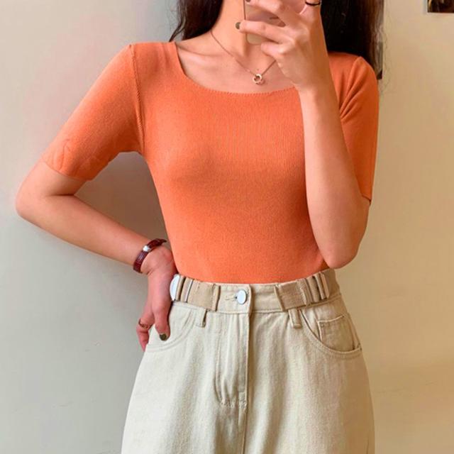여성 스퀘어넥 반팔 1P 슬림핏 딱붙는 데일리 티셔츠