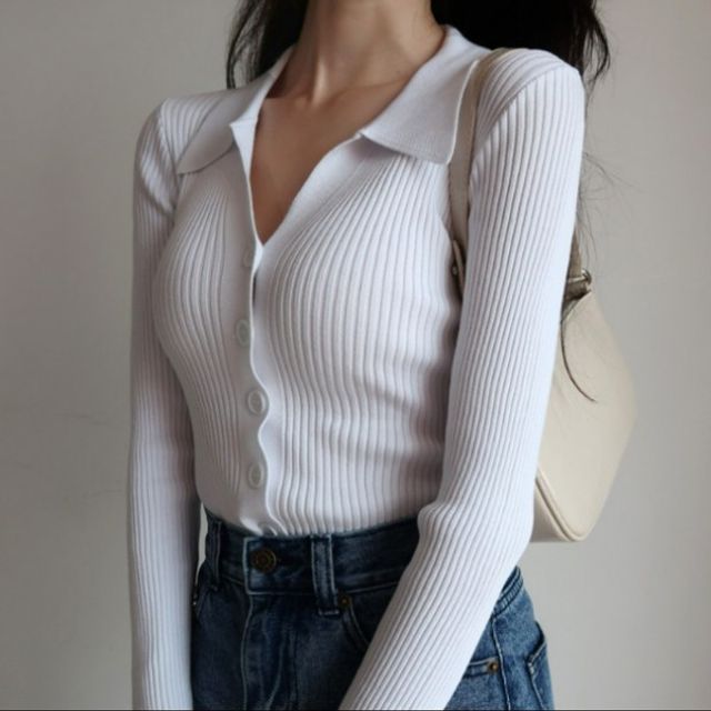카라 티셔츠 샬로타 브이넥 골지 봄 가디건