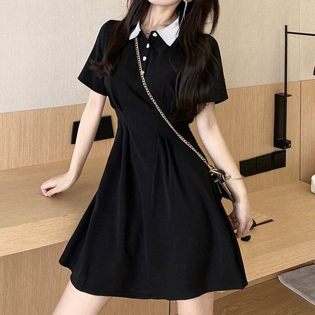 여성 하객룩 하트 단추 카라 라인 미니원피스