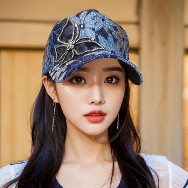 여성 화려한 플라워패턴 큐빅 나비장식 메쉬 야구모자