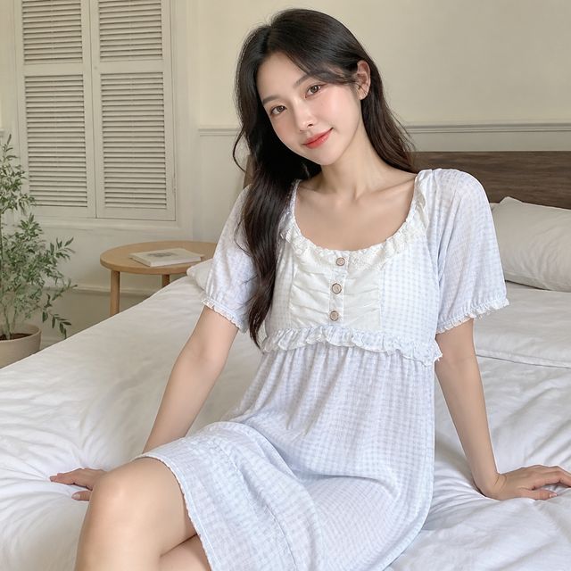 여름 파자마 원피스 캡내장 체크 잠옷 홈웨어 프릴 공주풍 반팔 룩