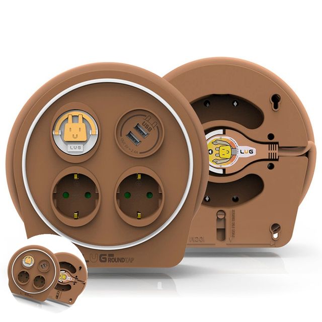 캠핑전기선 캠핑연장선 캠핑릴선 라운드탭 캠핑릴선 멀티탭 3구 USB 2포트 10M 브라운화이트
