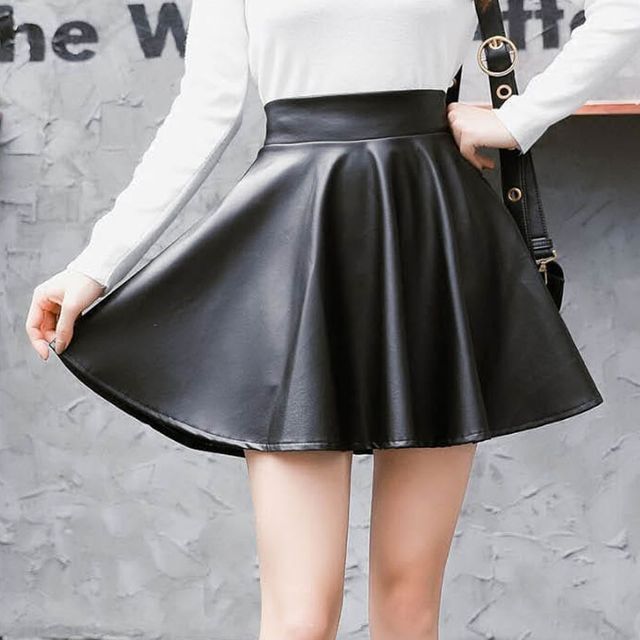 여자 블랙 가죽 스커트 플레어 A라인 미니 레더 치마