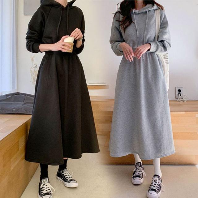 가을 겨울 여성 허리밴딩 롱스커트 플레어 후드원피스